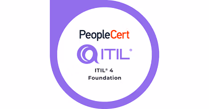 PeopleCert ITIL 4 Foundation logo with purple circular design and text.